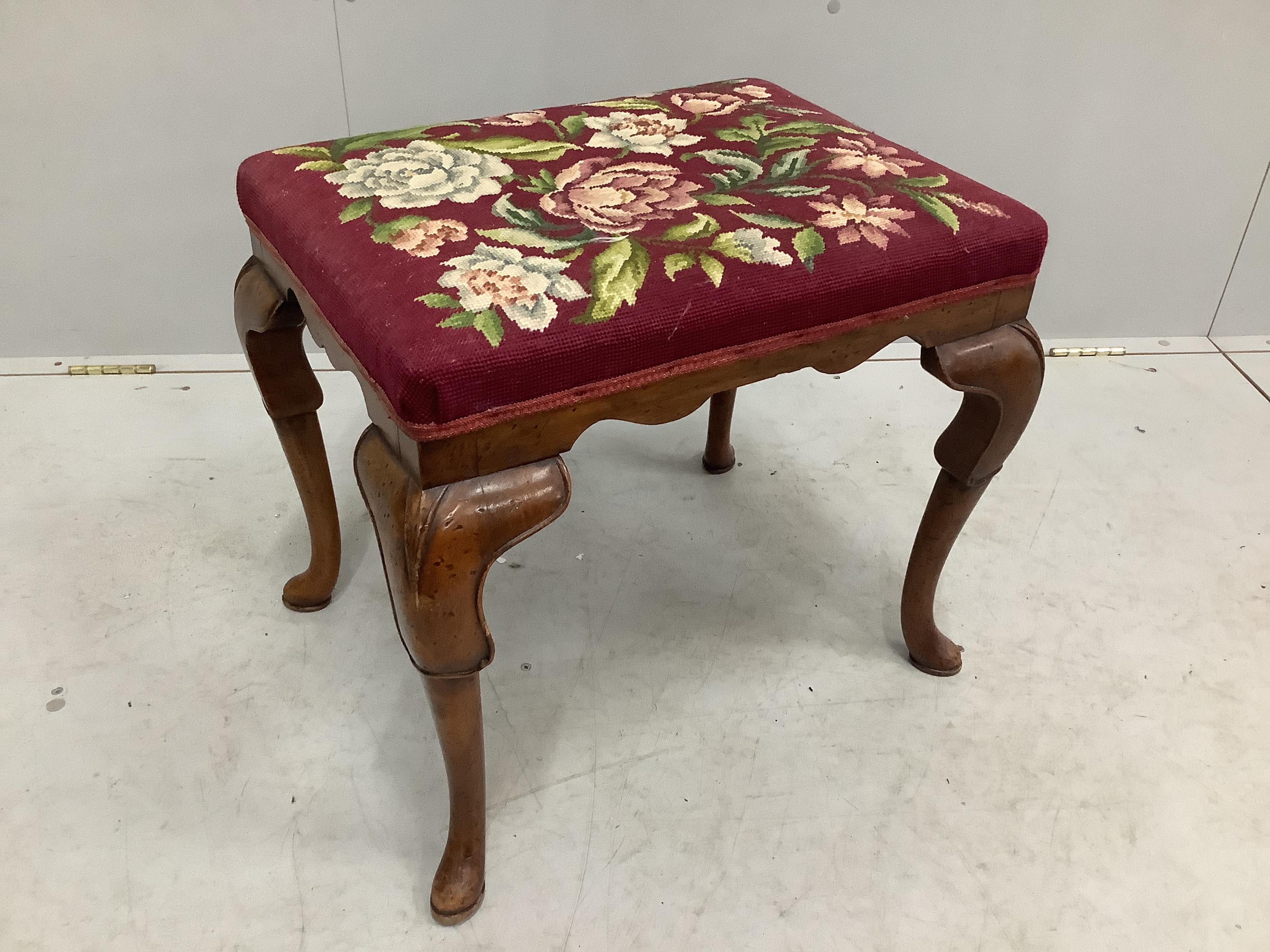 A Queen Anne style walnut dressing stool, width 55cm, depth 43cm, height 47cm